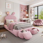 Upholstered Bed Single Bunny Ears LED Storage Stools Velvet Pink 90x200cm