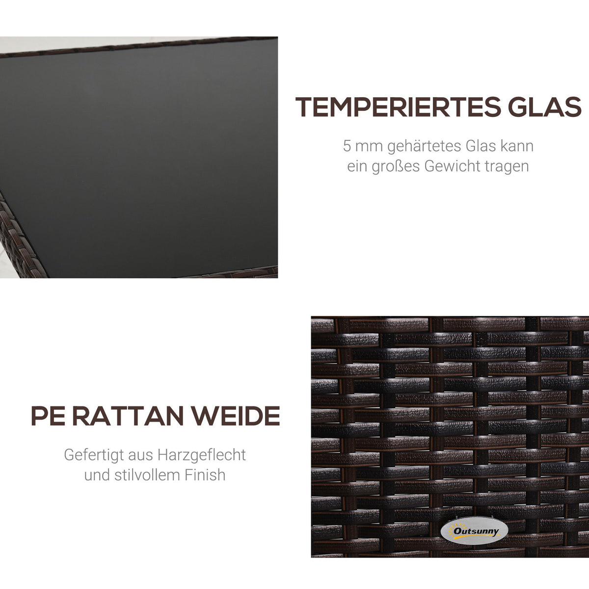Dining Table, Poryrattan Glass 150x85x74cm Safety Glass, Brown/Black