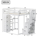 Loft Bed, 140x200cm with Storage, Ladder & Shelves, White Solid Wood