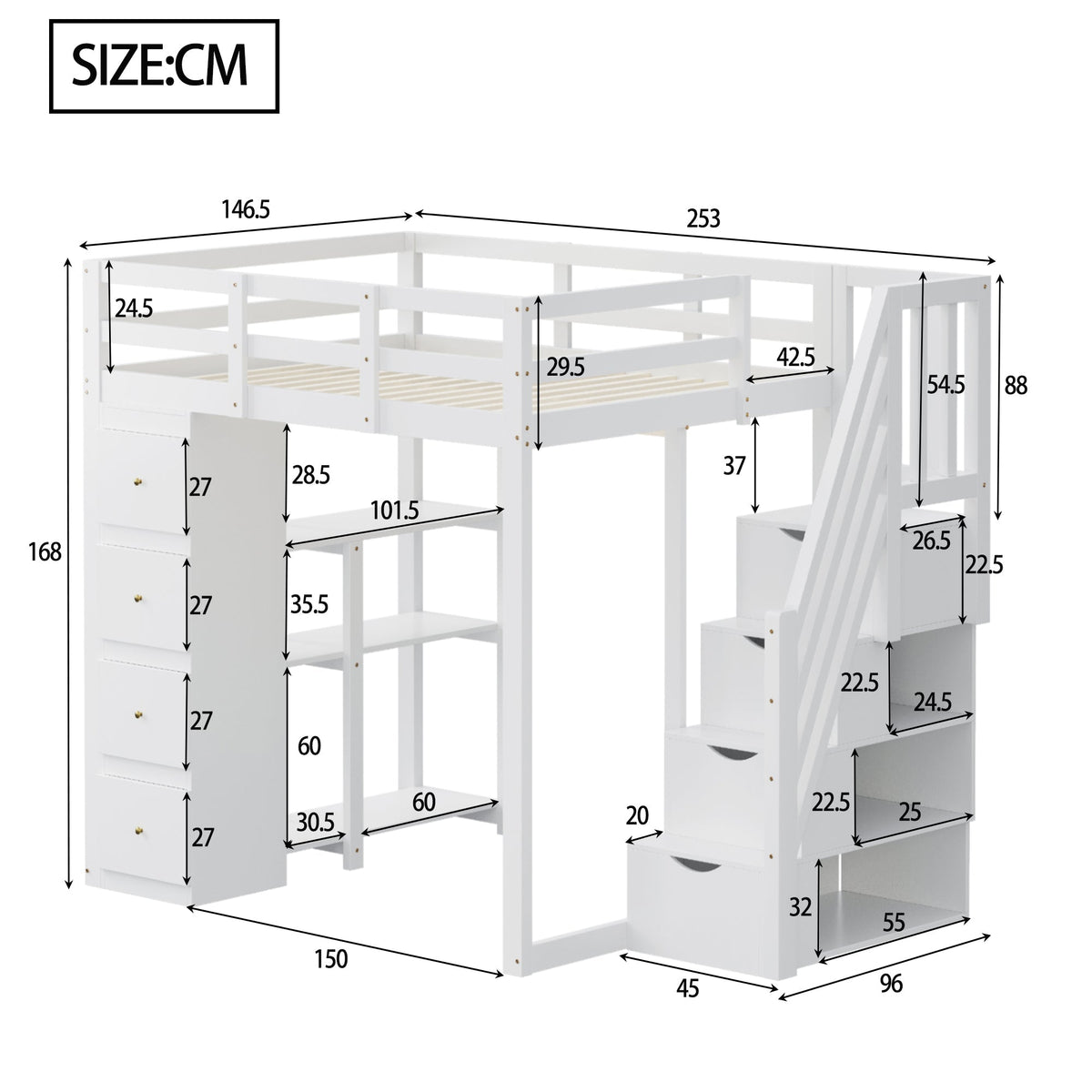 Loft Bed, 140x200cm with Storage, Ladder & Shelves, White Solid Wood