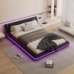 Floor Bed 140x200cm LED Ambient Light - PU Black
