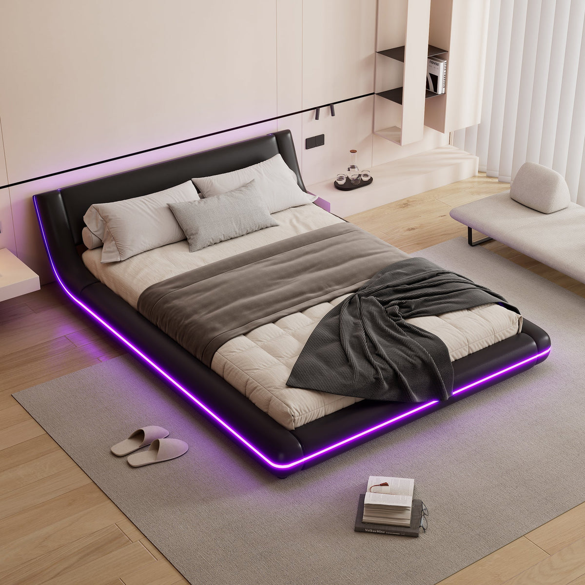Floor Bed 140x200cm LED Ambient Light - PU Black