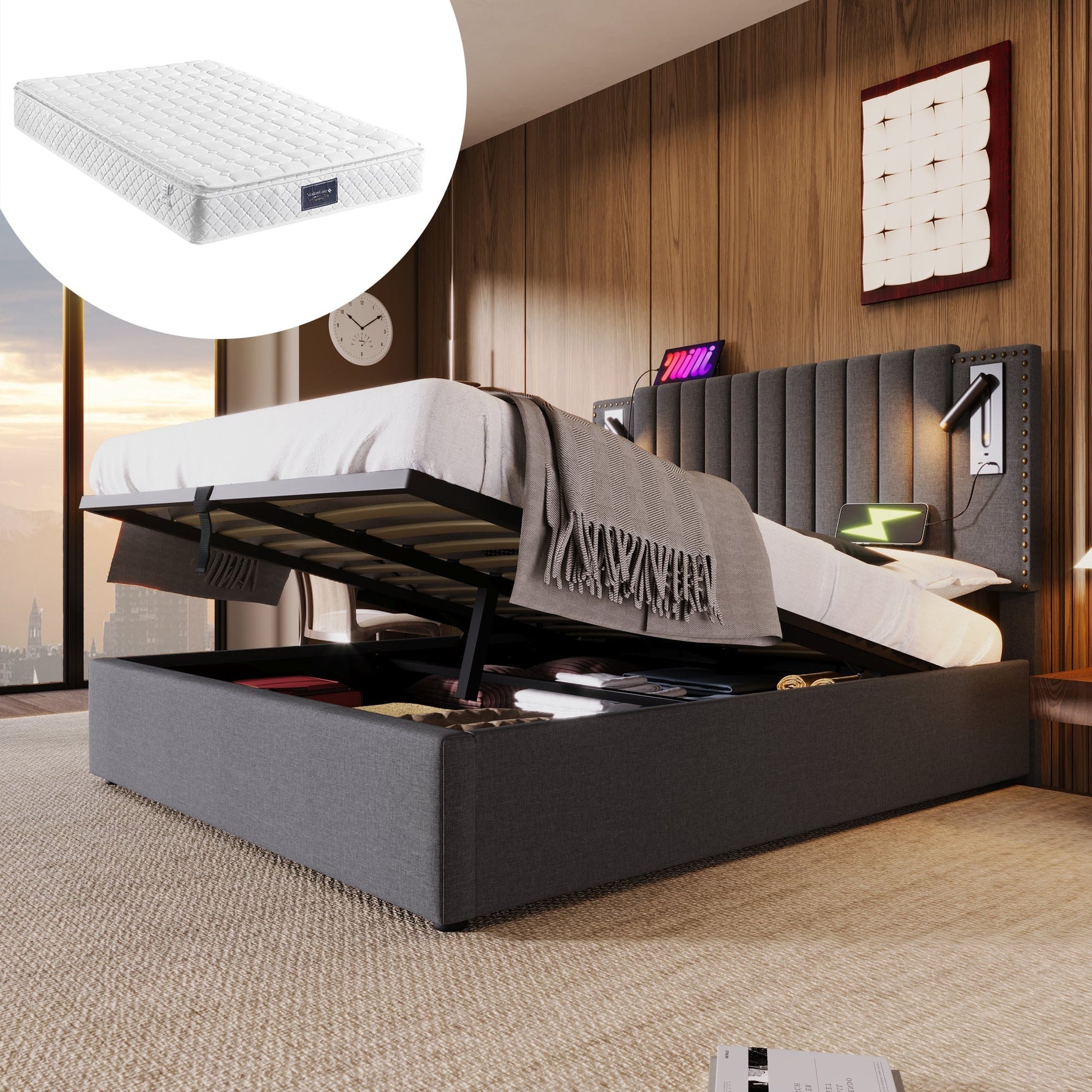 Upholstered Bed 160x200, Double Bed with Storage, Reading Light, Rivet Headboard, Gray Cotton