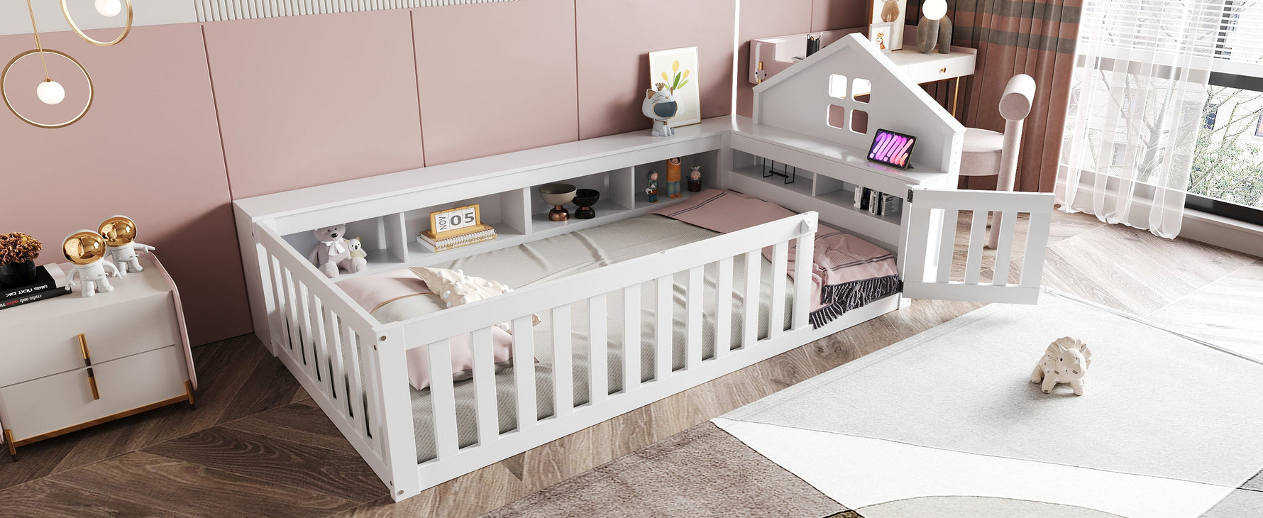 Children's Bed 90x200cm, Roof/Window, Storage, Safety Rail/Door, Solid Wood, White