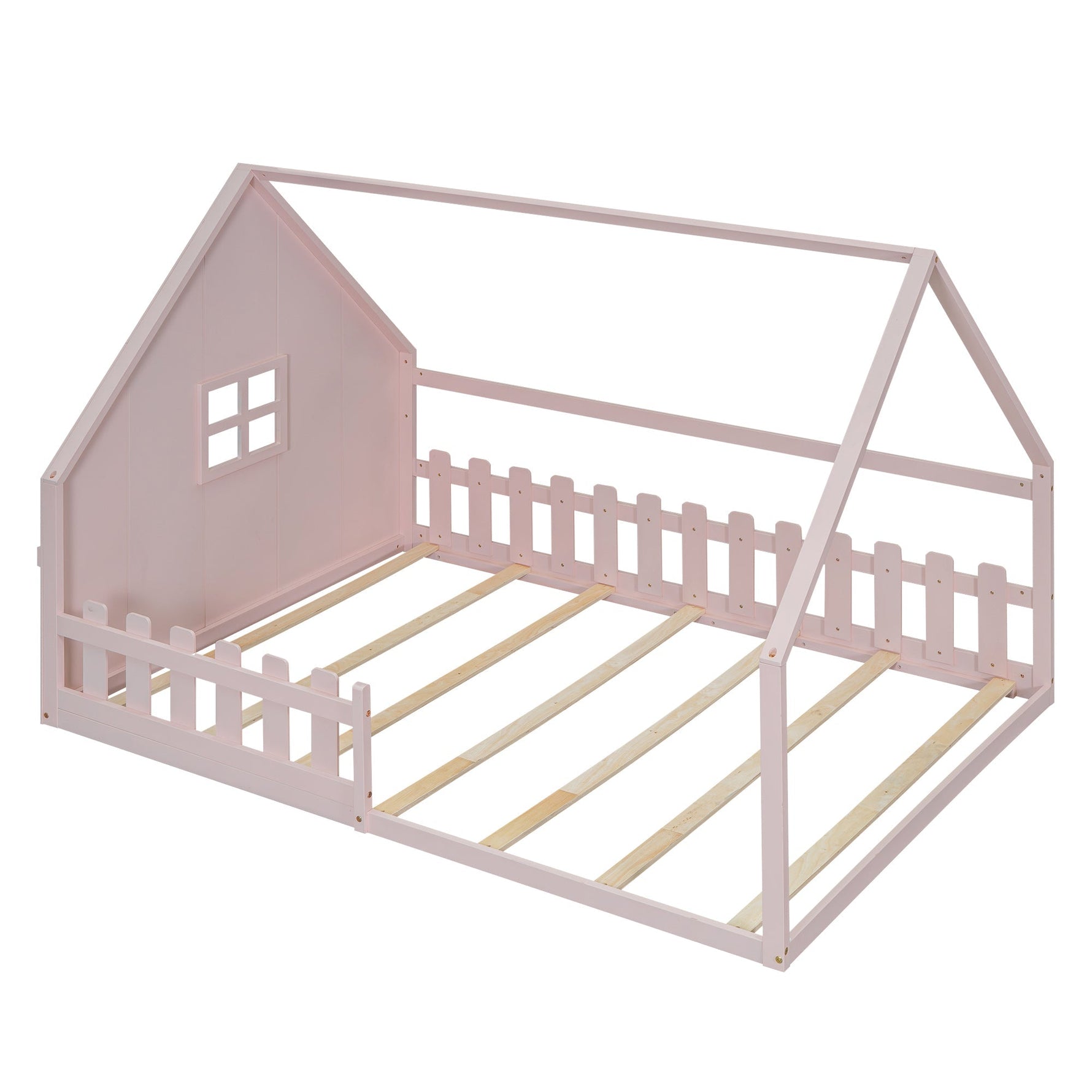 Flatbed Children's Bed 140x200cm House Rail - Pine Wood Pink