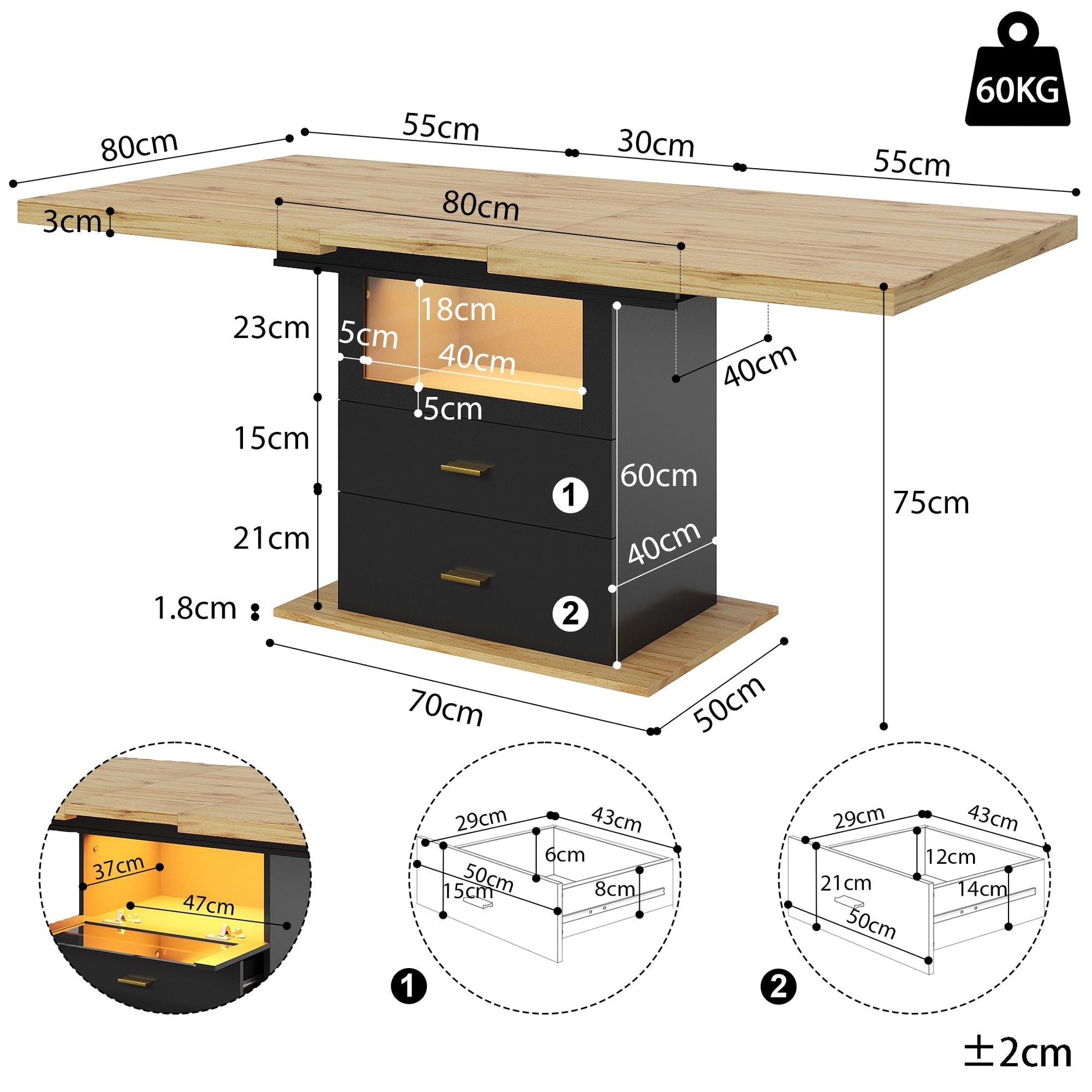 Extendable Dining Table with LED Lighting and Seating for 6 People, Wood Finish