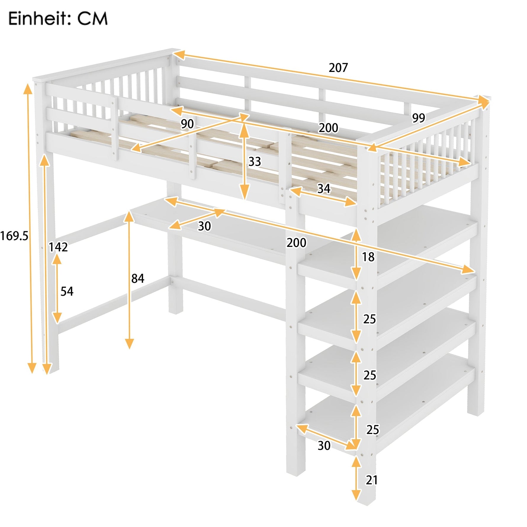 Loft Bed 90x200cm Storage Under-Bed Desk - White