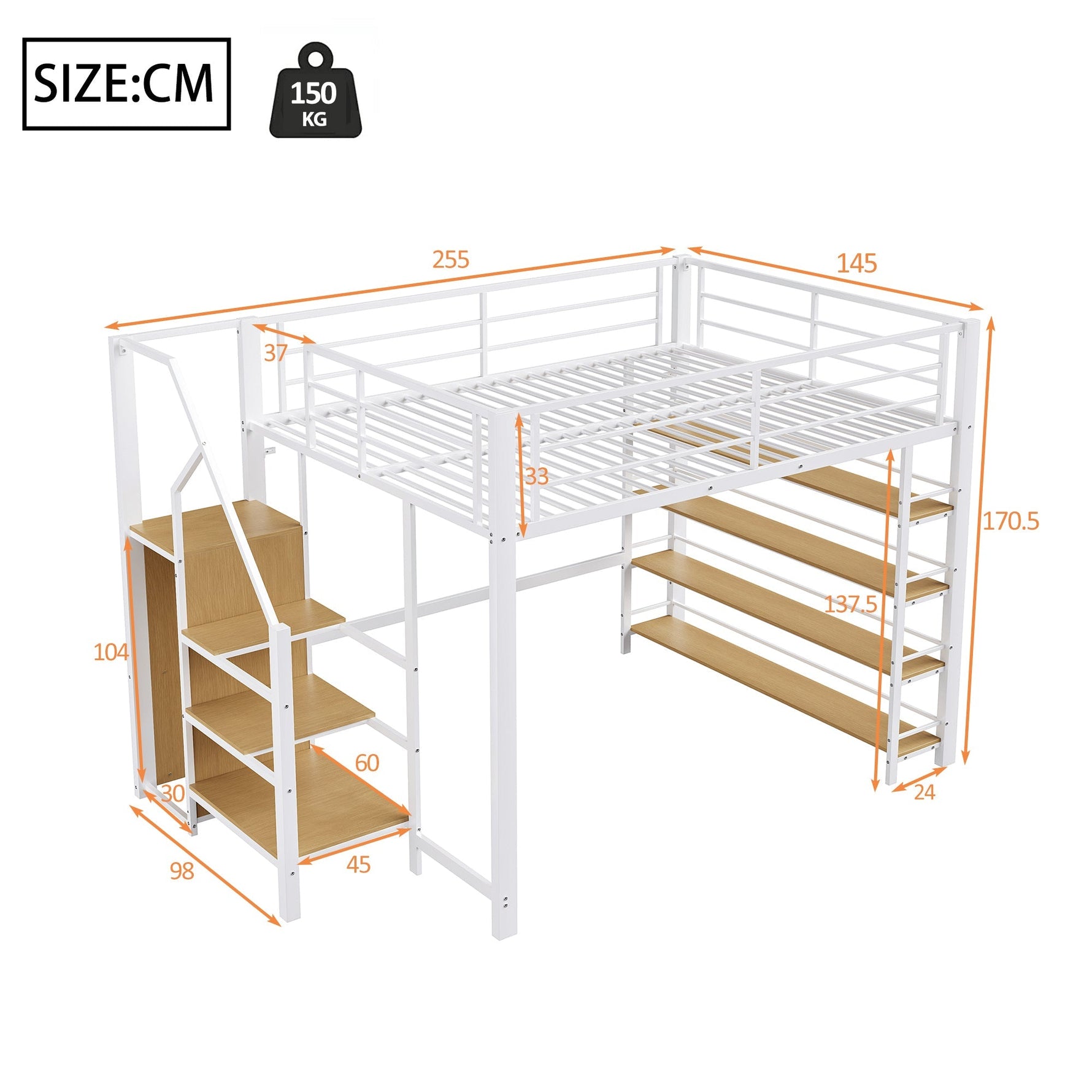 Loft Bed 140x200 with Safety Stairs Storage Wardrobe - White
