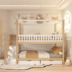 Bunk Bed, 90*200 cm House Shape, Safety Rail, Storage, and Ladder, Solid Wood White/Natural