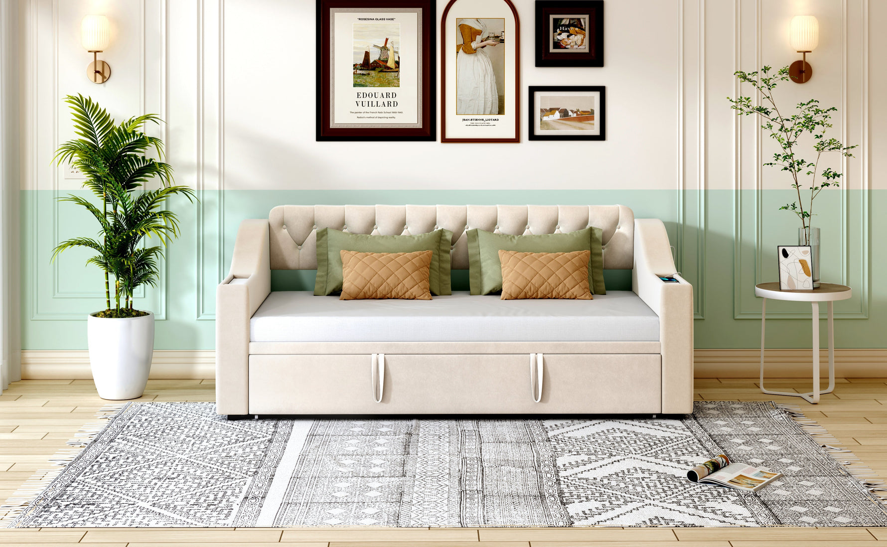 Upholstered Sofa Bed, 90/180*190cm, USB Charging, Storage, Velvet Beige