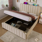 Upholstered Storage Bed 140x190cm with USB Charging, Beige Linen