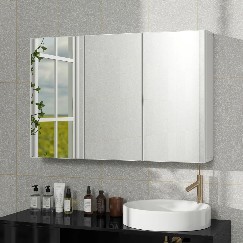 Bathroom Mirror Cabinet, 3 Mirrored Doors, Wall Mounted, White Chipboard