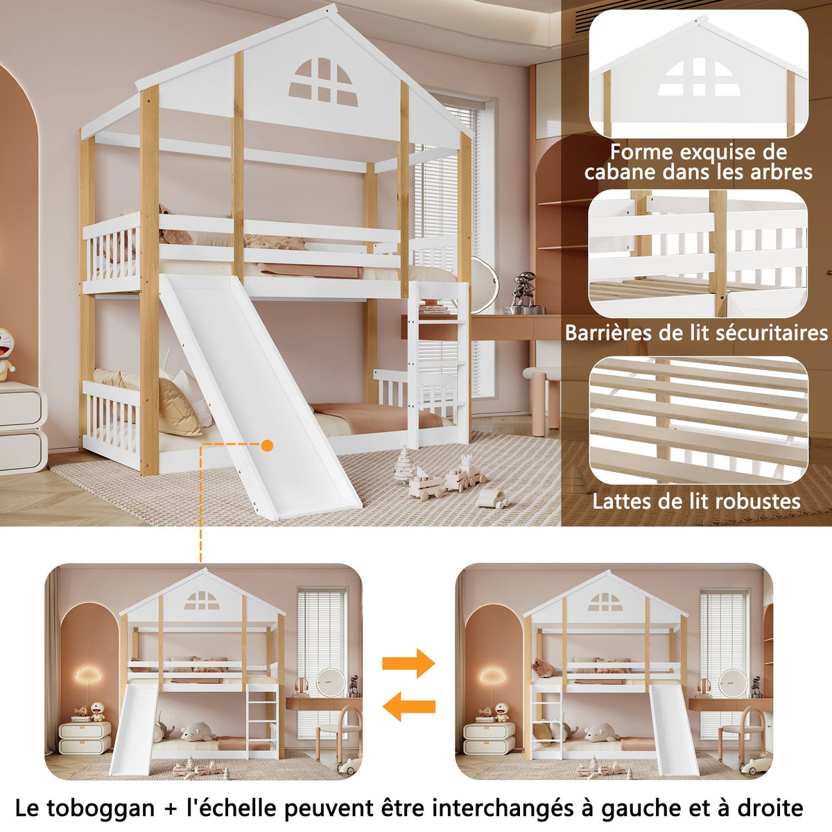 Bunk Bed with Slide & Ladder, House Bed with Fences, Solid Wood, White+Natural, 90x200cm