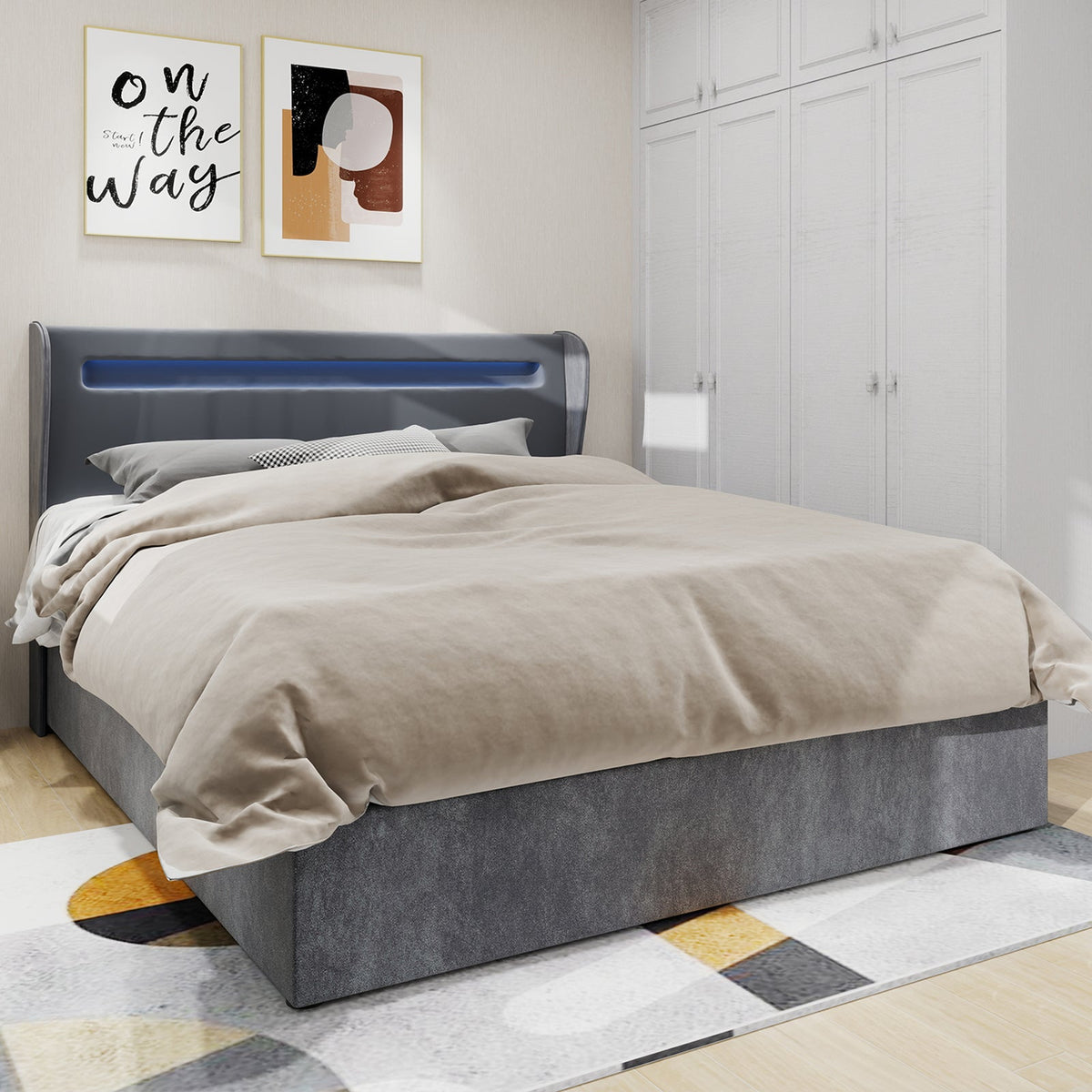 Modern Minimalist Upholstered Bed, LED Headboard, 140x200cm, Grey