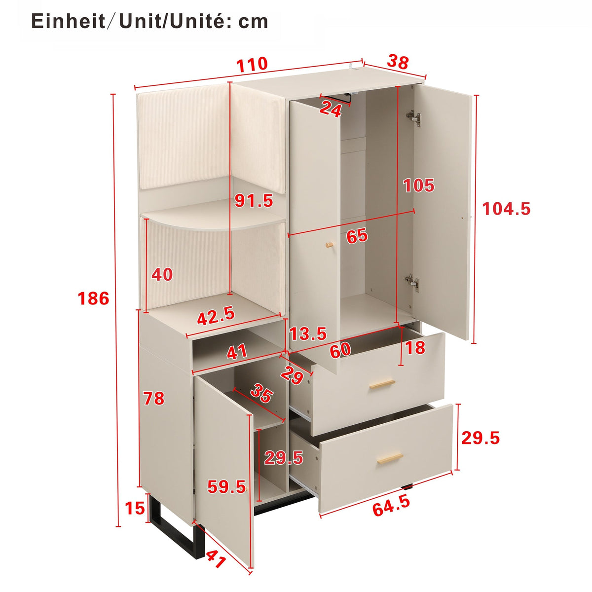 Compact Wardrobe, Hallway with Upholstered Panels & Shoe Cupboard, 110x186x38 cm