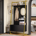 Modern Minimalist Wardrobe Compact Multifunctional Storage with Mirror & Shoe Bench, Metal Hooks
