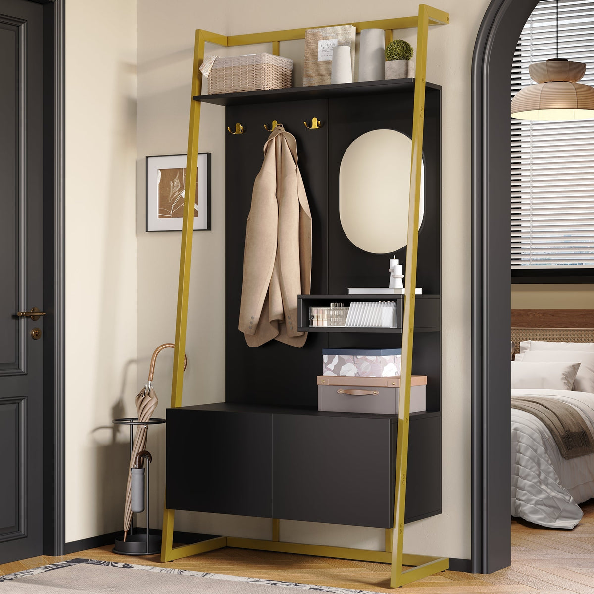 Modern Minimalist Wardrobe Compact Multifunctional Storage with Mirror & Shoe Bench, Metal Hooks