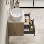 Floating Bathroom Vanity Unit with Oval Sink and Sintered Stone Top, White Oak Wood Grain