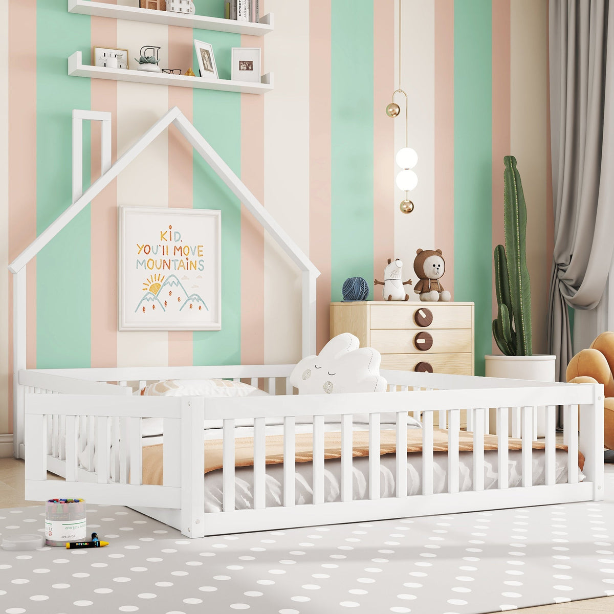 Children's House Bed 140x200cm Chimney Shape Slatted Base Pine Wood White