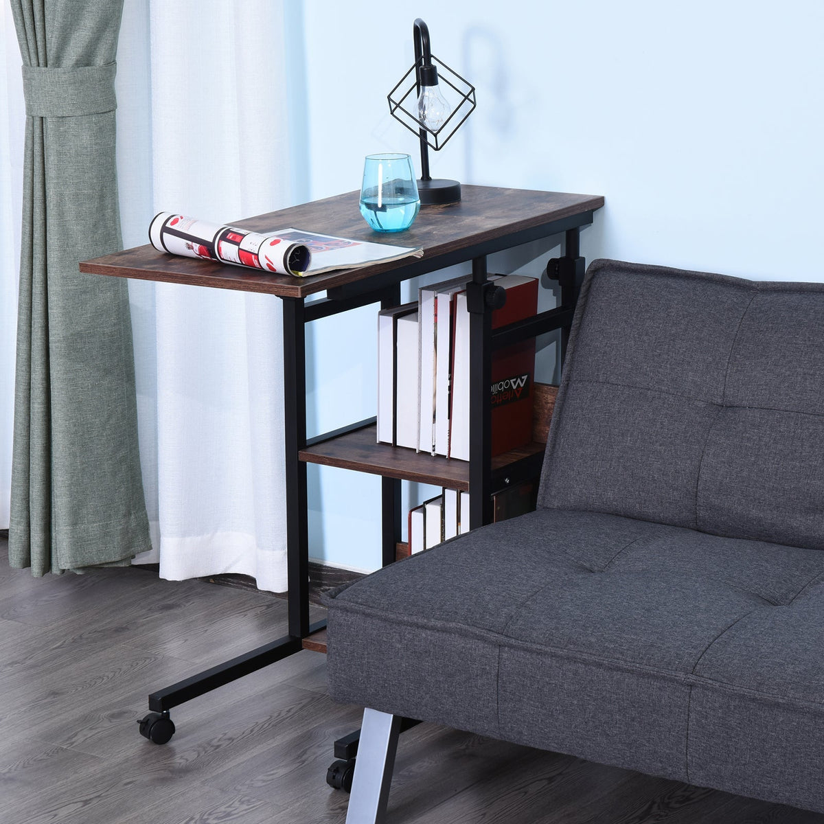 Side Table, Height-Adjustable Coffee Table 80x40x72-82 cm 2 Shelves Black Metal