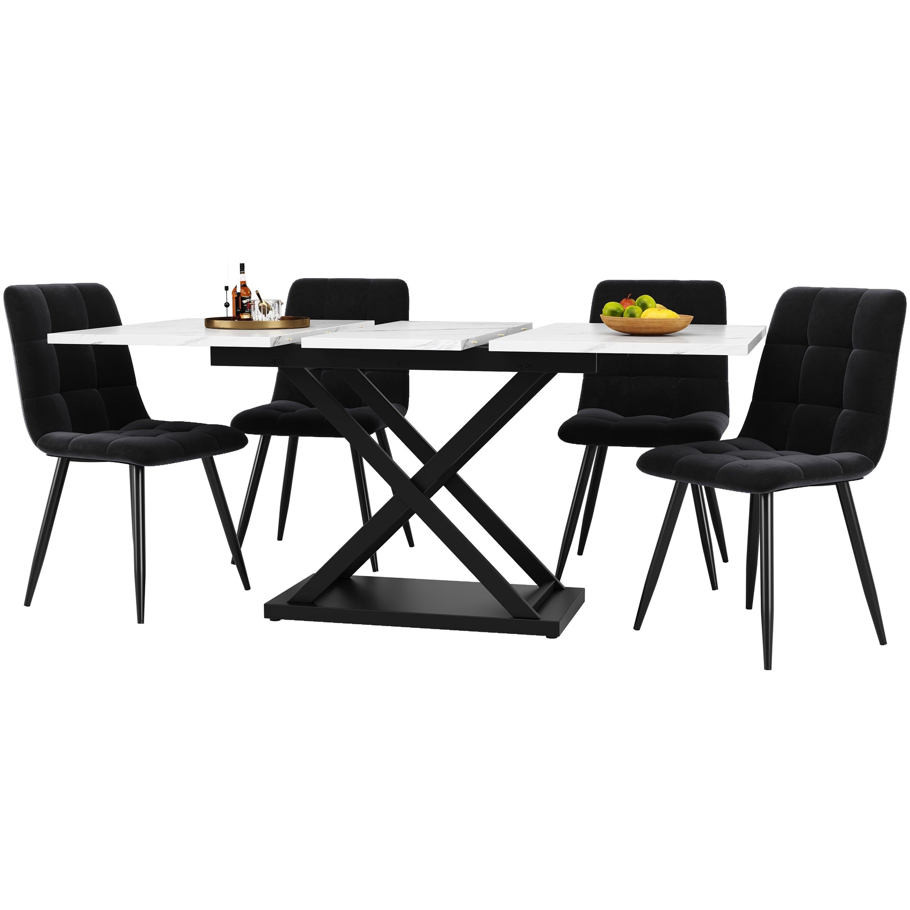Dining Set 5-Piece Extendable Table 160cm 4 Chairs - White Marble/Black Velvet