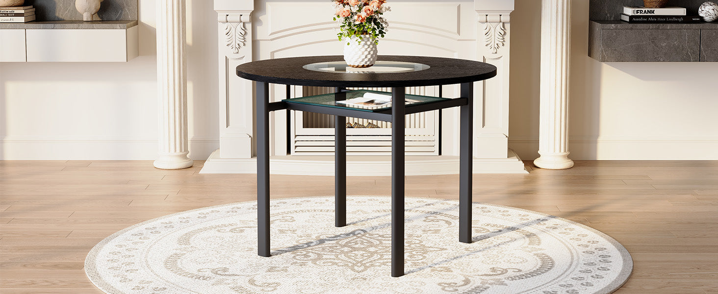 Round Dining Table 100cm Minimalist Black Wood Grain Grey Glass Insert Metal Frame