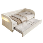 Upholstered Platform Bed 90x200 with Pull-Out Bed & LED - Beige