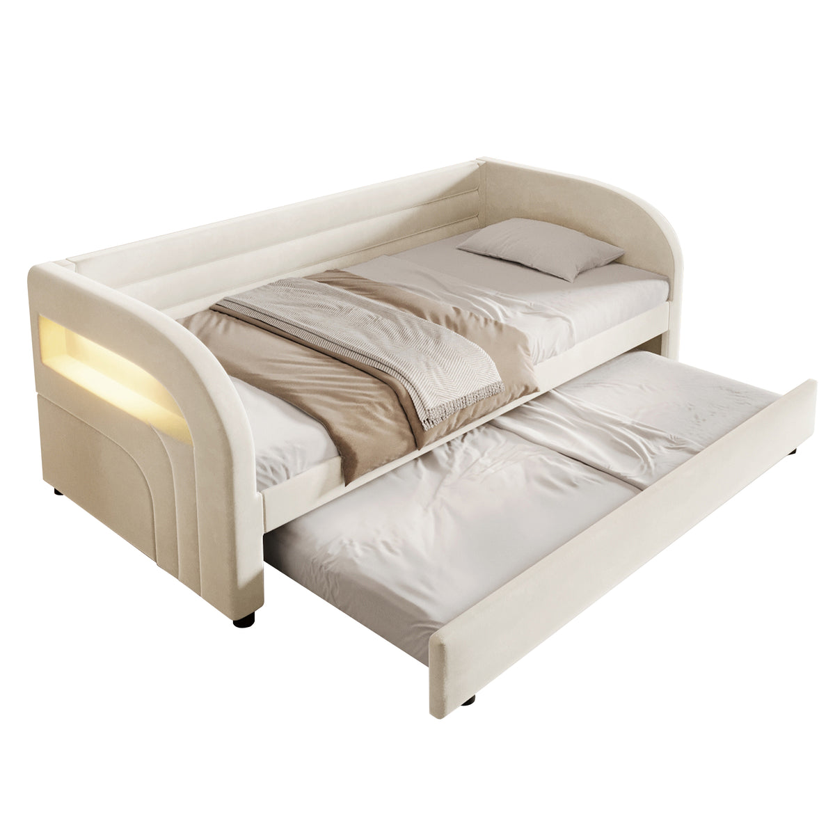 Upholstered Platform Bed 90x200 with Pull-Out Bed & LED - Beige