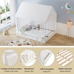 Children's Single Bed with Roof, Window, Curtains and Storage, 140x200cm, White Pine + MDF