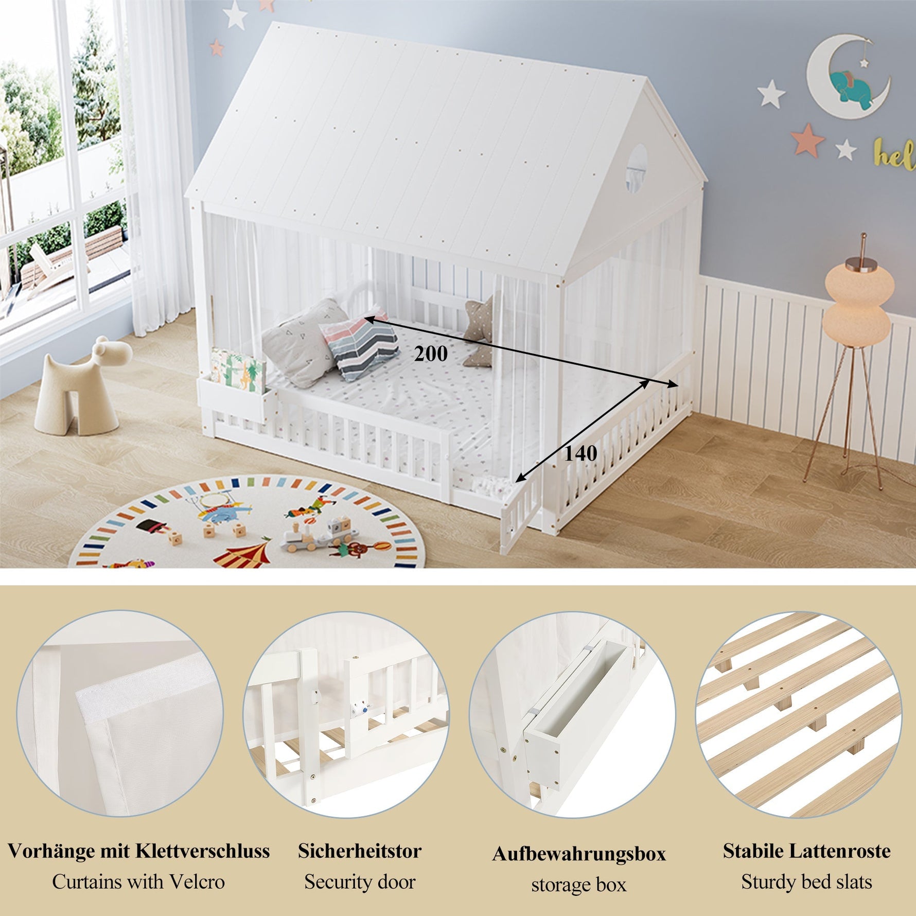Children's Single Bed with Roof, Window, Curtains and Storage, 140x200cm, White Pine + MDF