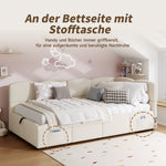 Upholstered Single Bed with USB Charger and Storage Bag, 90x200 cm, Beige Bouclé