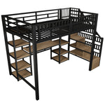 Loft Bed with Desk, Storage Ladder and LED Strip, Black Iron Frame