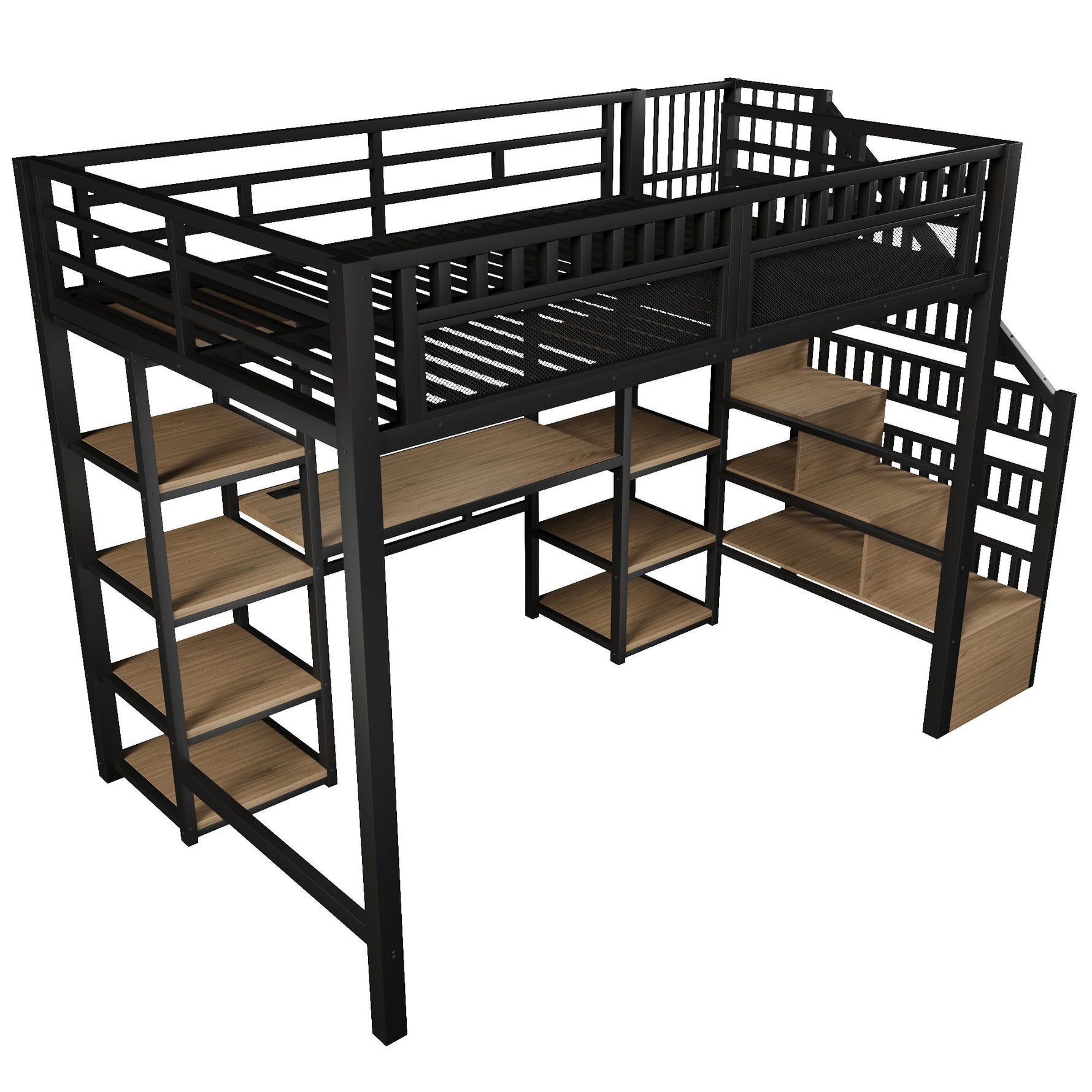 Loft Bed with Desk, Storage Ladder and LED Strip, Black Iron Frame