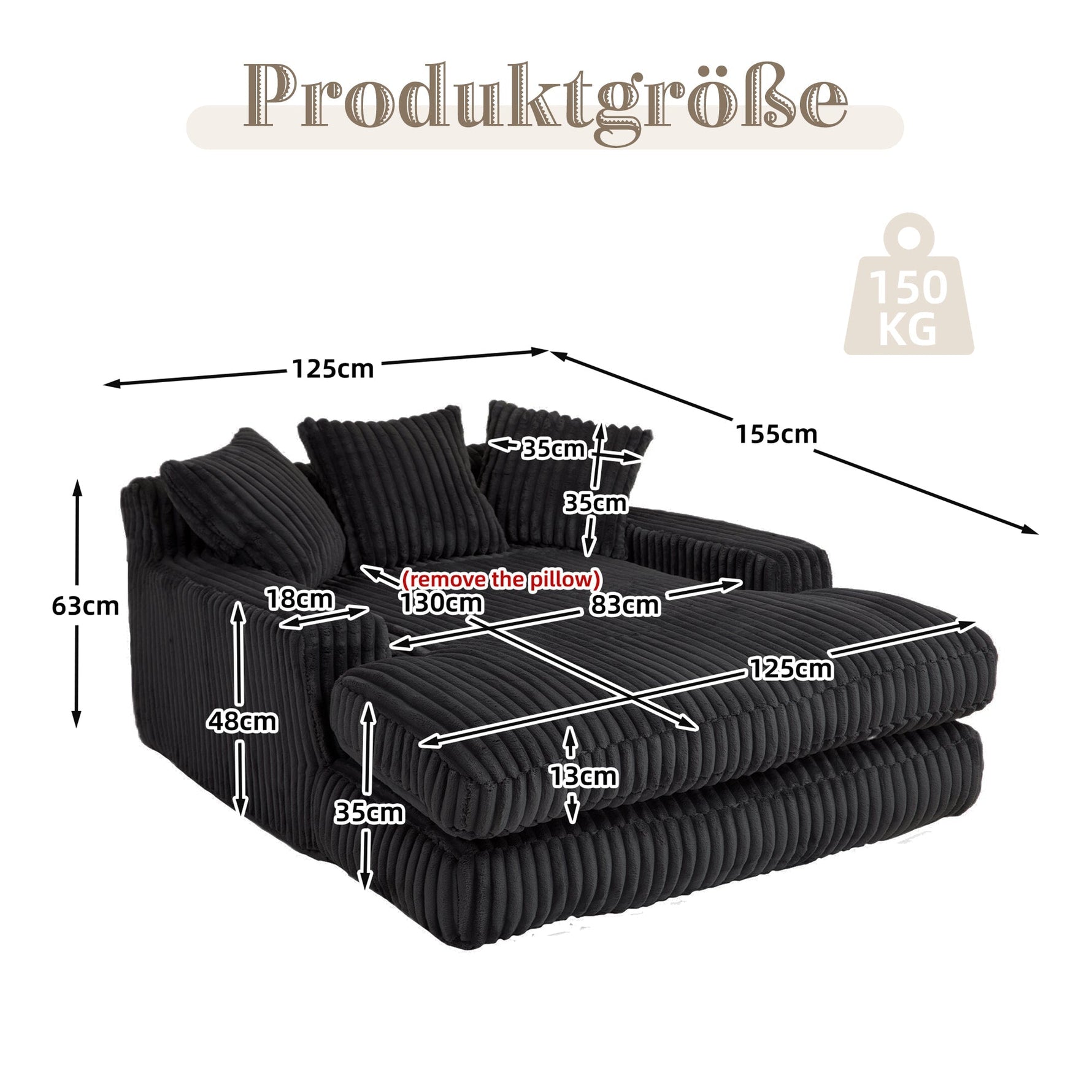 Sofa Bed, Cloud Couch with 3 Soft Pillows, Single Seat, Corduroy Black
