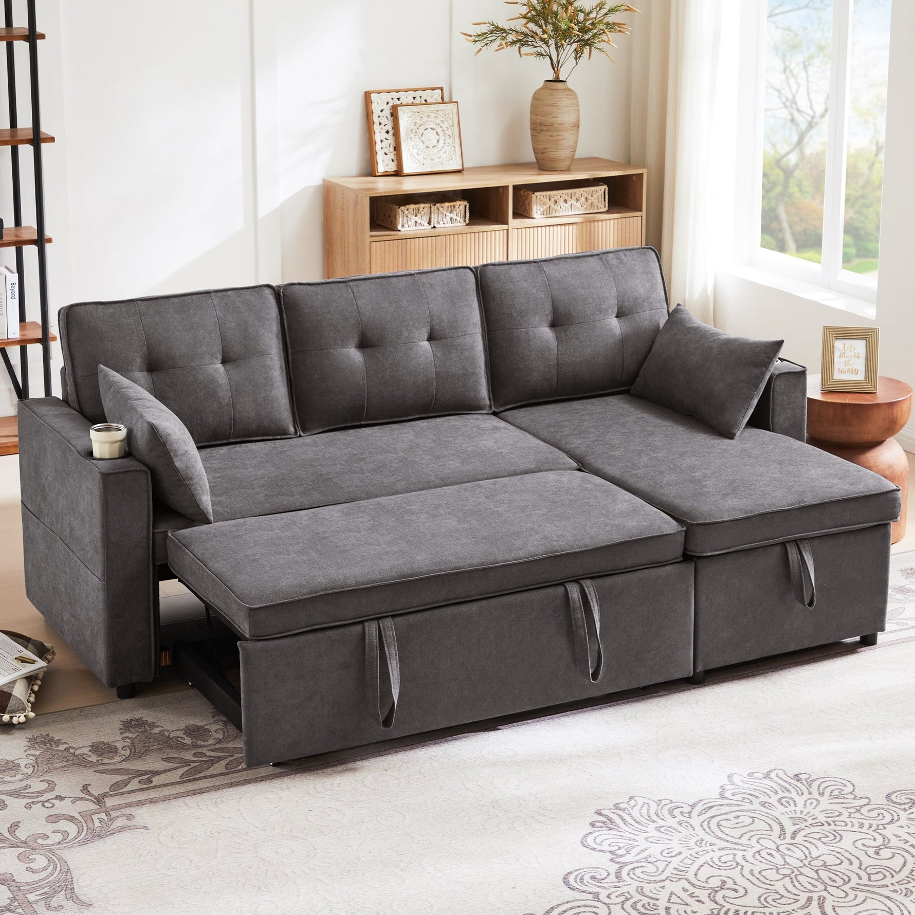 Sofa Bed L-Shaped Sleeping Function Storage Cup Holder Interchangeable Upholstered