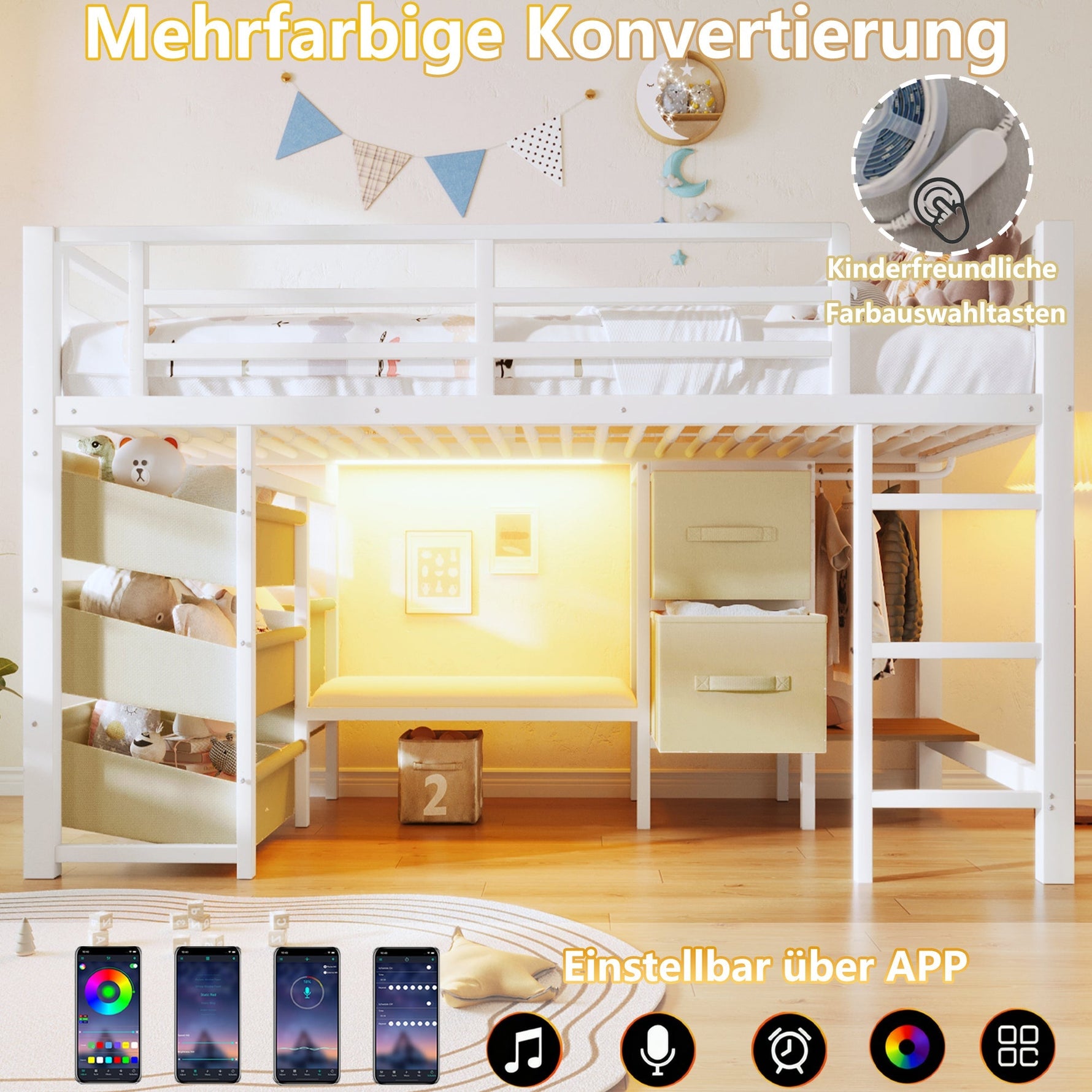 Mid-Height Bed with Storage Drawer and LED Lighting, 90x200 cm, Metal, White
