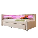 Daybed with LED Light Strip and Pull-out Bed, USB + Type-C, Beige Linen
