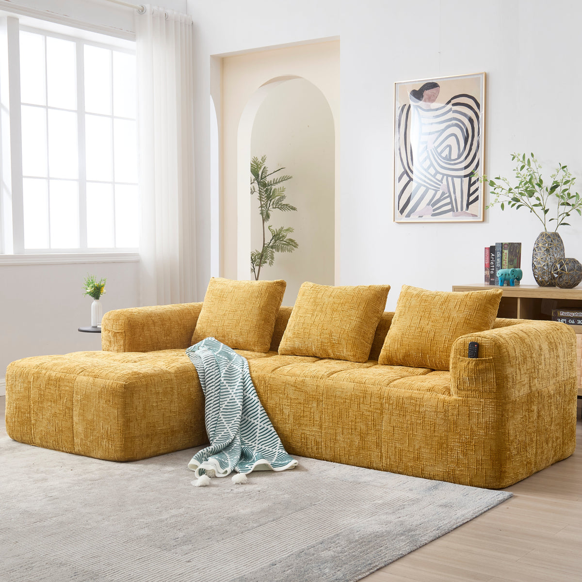 Sectional Sofa L-Shaped 3-Seater Chaise No Assembly Chenille Yellow