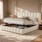 Upholstered Double Bed 160x200cm with Storage, Beige Velvet