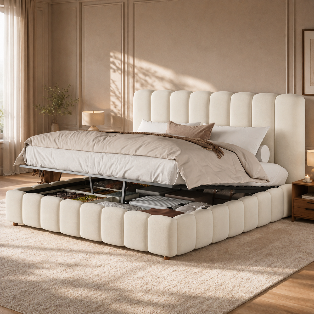 Upholstered Double Bed 160x200cm with Storage, Beige Velvet