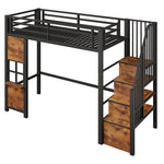 Loft Bed 90x200cm with Storage Ladder & Railing, Black Iron