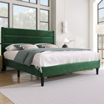 Upholstered Bed 140x200cm with Slatted Frame & Headboard, Velvet Dark Green