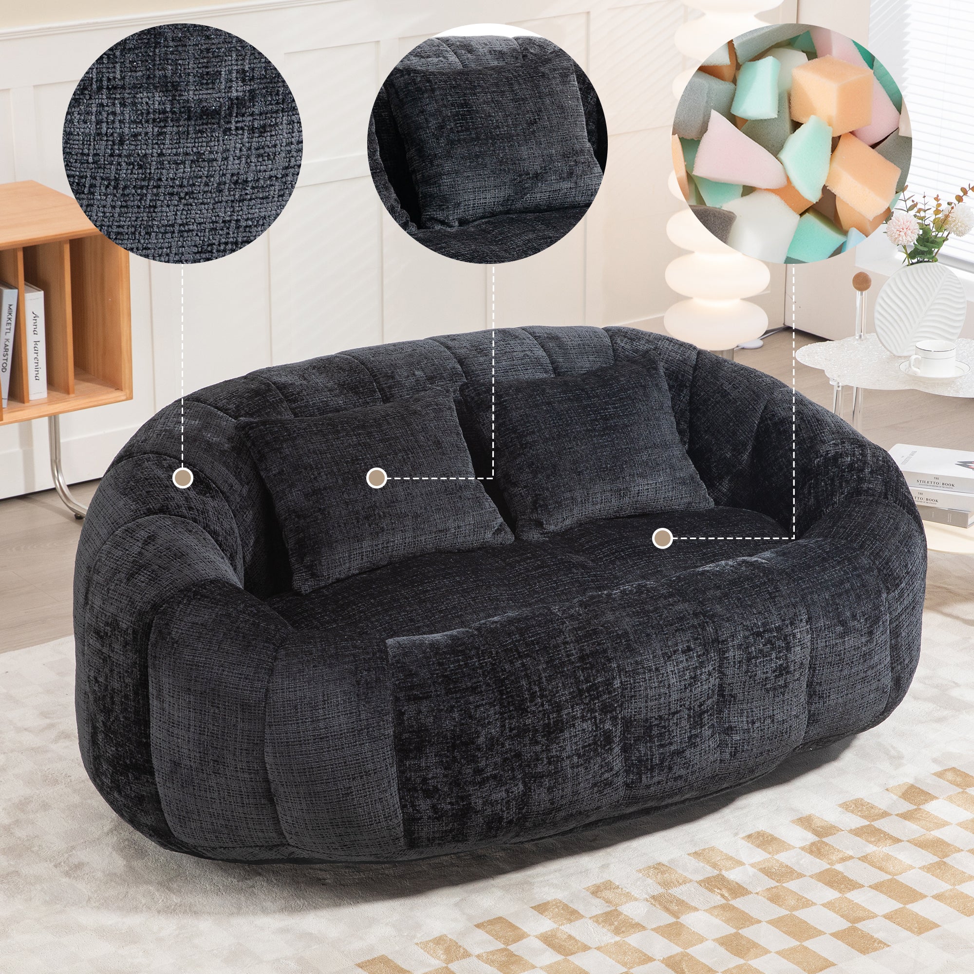 Bean Bag Sofa Lounger High Back Accent Chair Indoor/Outdoor, Black Chenille