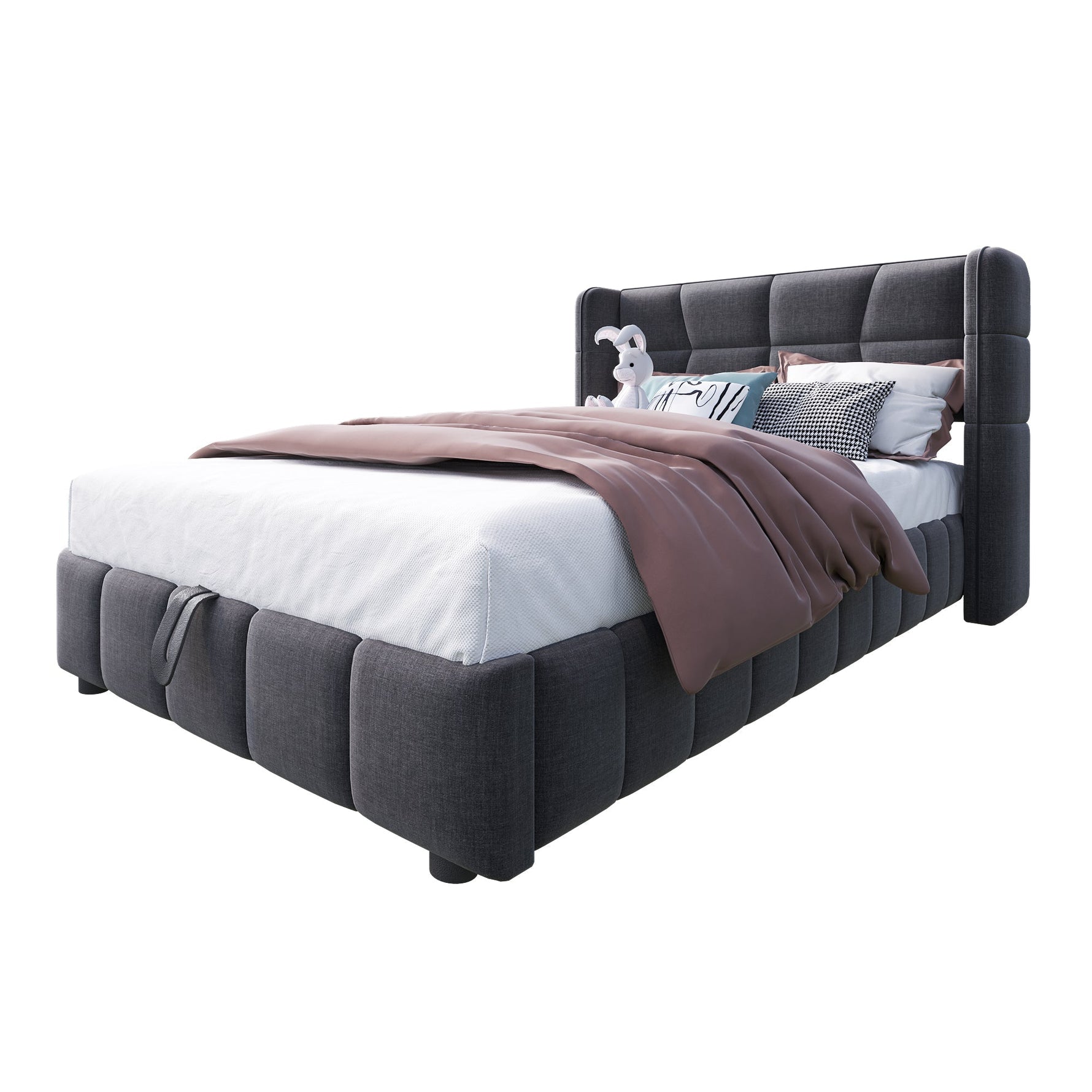 Upholstered Bed 90x200cm Pneumatic Storage Slatted Base - Linen Grey