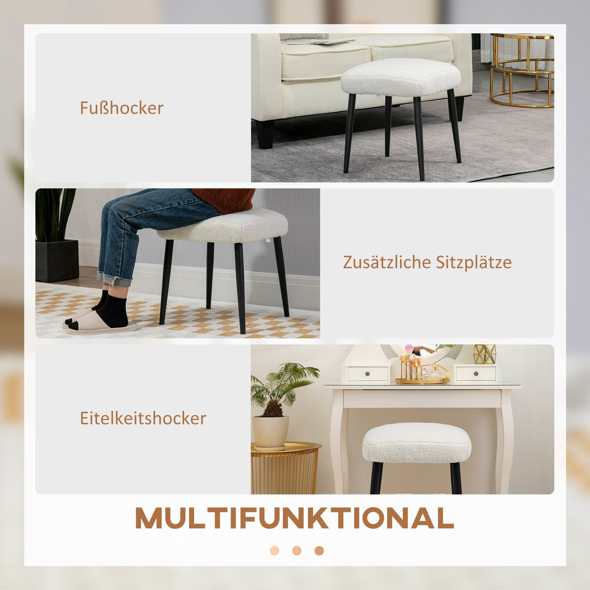 Footstool Square Dressing Stool, Steel Legs, Cashmere Look Cream