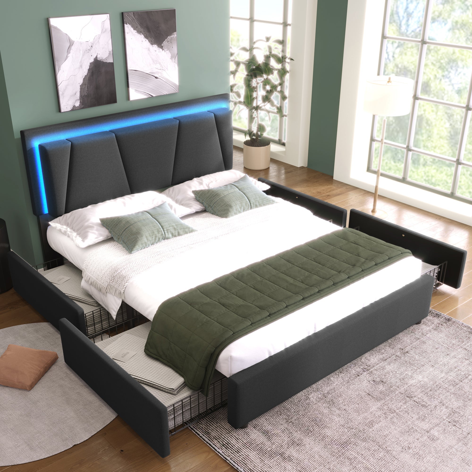 Upholstered Bed with LED Lighting, 4 Drawers, Adjustable Headboard, Gray