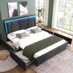 Upholstered Bed with LED Lighting, 4 Drawers, Adjustable Headboard, Gray