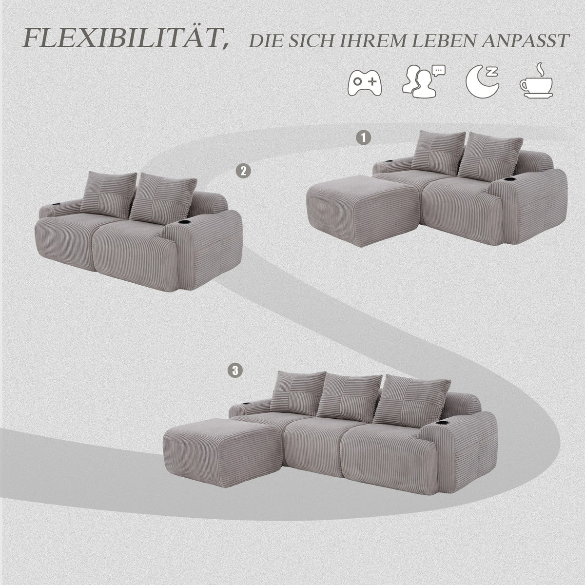 3-Seater Modular Corduroy Sofa with Ottomans, Cup Holders and Storage, Light Grey