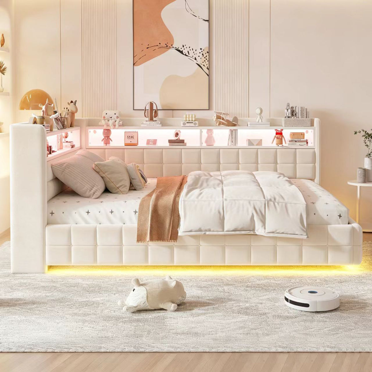 Upholstered Sofa Bed 140x200cm with Storage & LED, Beige Velvet