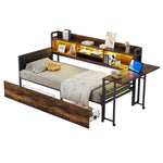 Iron Sofa Bed 90x200cm LED Storage Drawers Fold-Out Desk, Wood Color